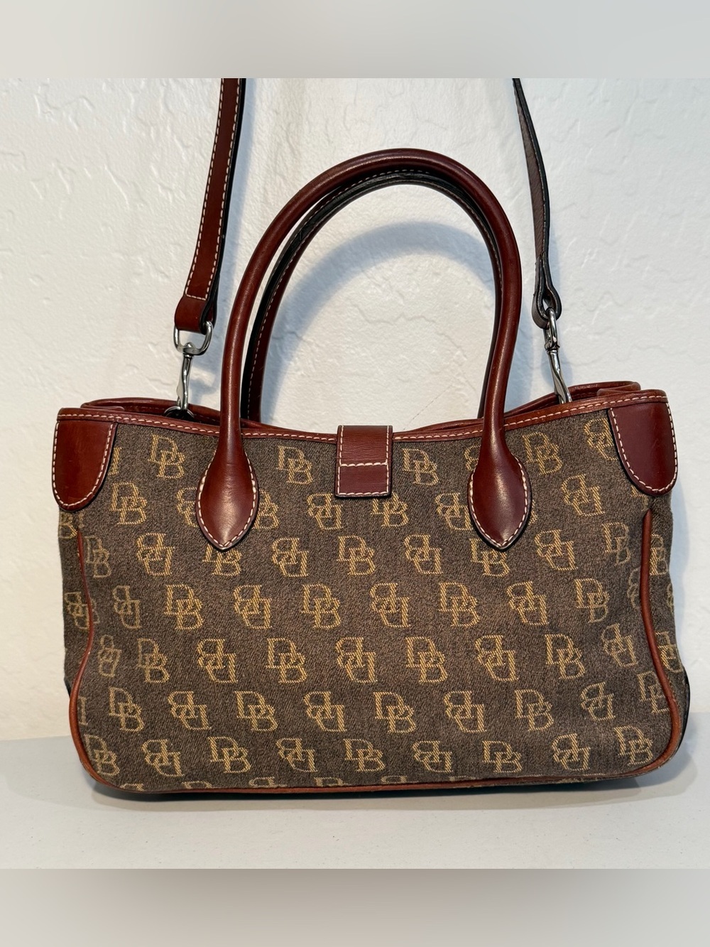 Vintage Dooney & Bourke Signature DB Monogram Satchel Bag - Brown & Oxblood - Picture 3 of 13
